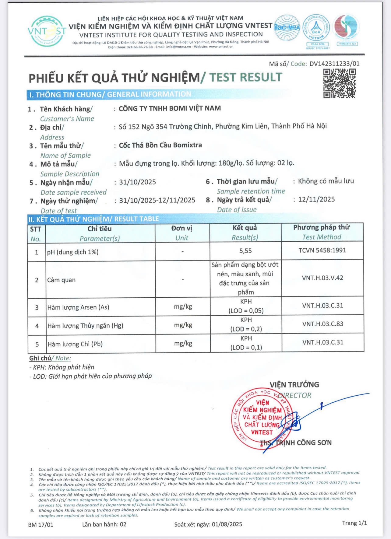 Phiếu kết quả thử nghiệm cốc thả bồn cầu BOMIXTRA